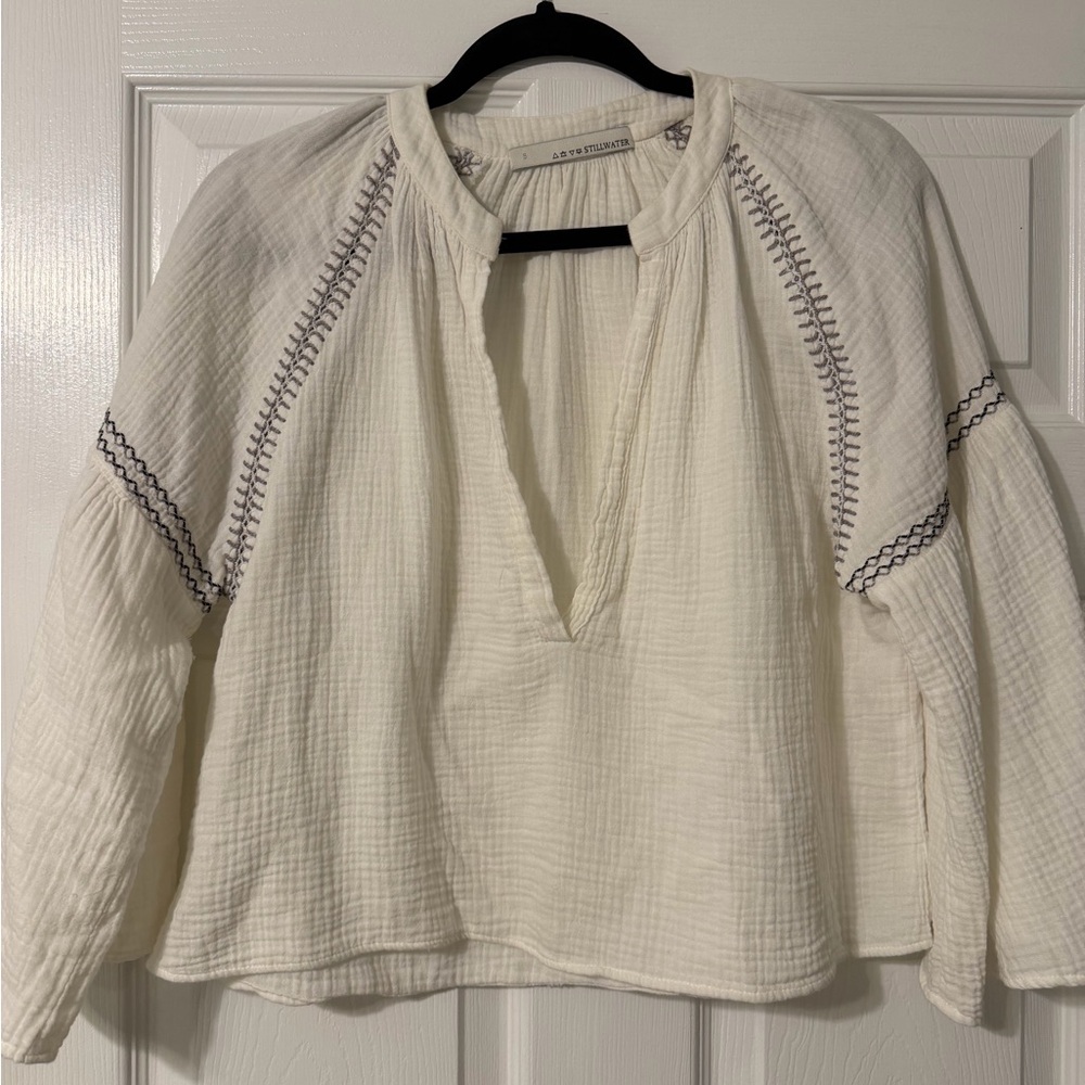 White Peasant Top with Navy and Gray Stitching